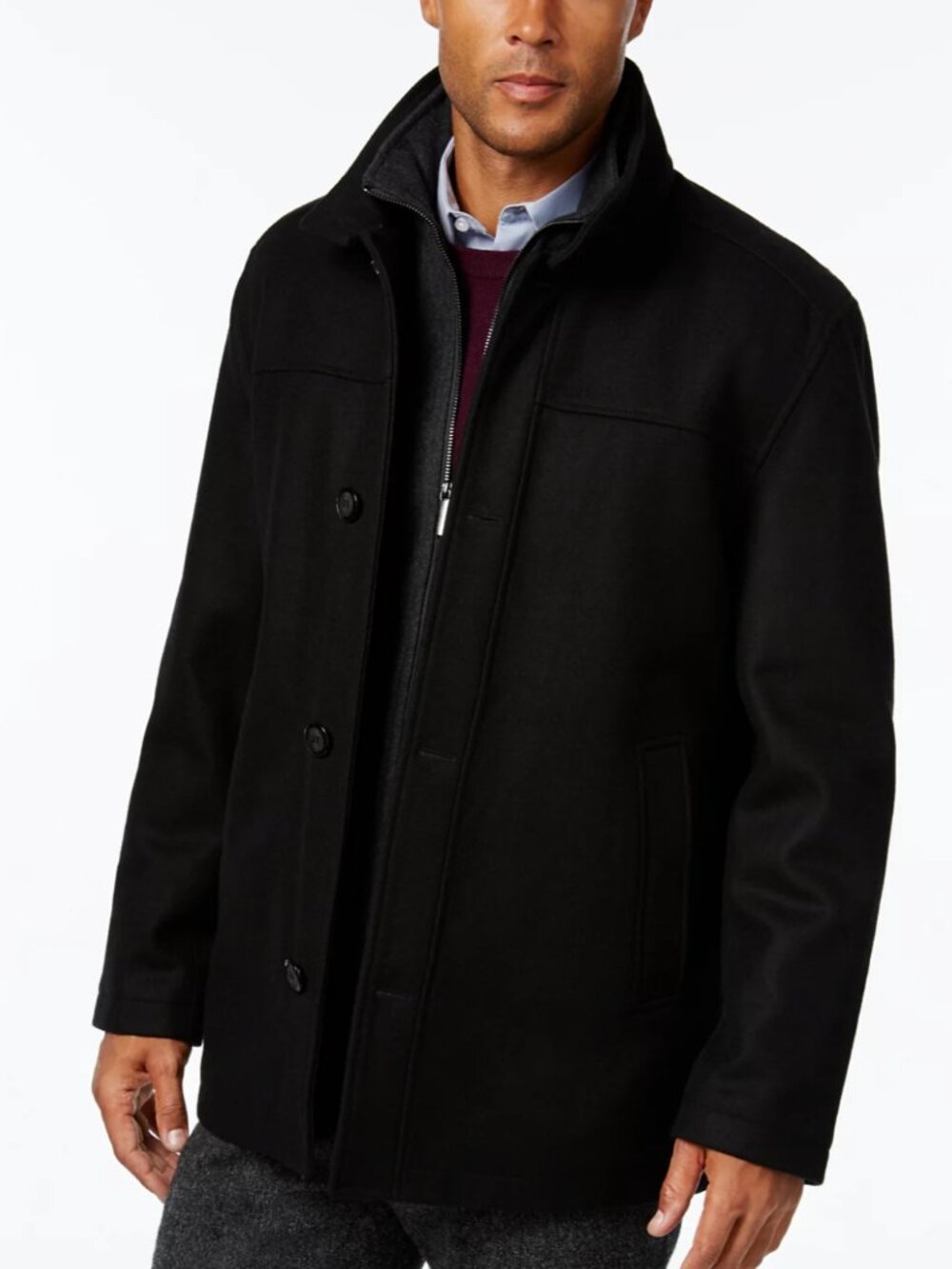London Fog Men's Wool-Blend Layered Car Coat in Black/Charcoal